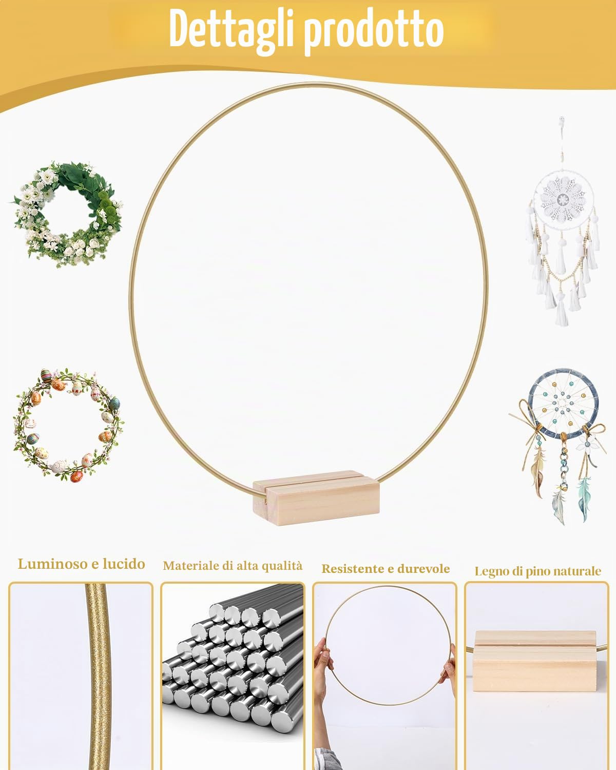 8 Pezzi Centrotavola a Cerchio Floreale in Metallo Cerchio Metallo 30 cm Cerchi per Ghirlande Floreali con 8 Base in Legno per Realizzare Decorazioni per Ghirlande da Tavolo di Nozze