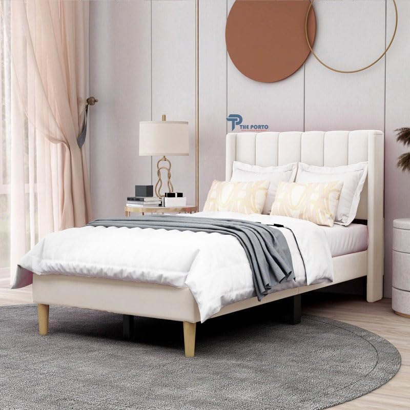Image of Solid Wood Upholstered Single Bed for Bedroom Without Storage | Premium Fabric with Wingback Headboard | Wooden Single Bed Palang for Home | Stylish Single Cot Bed | 6 x 4 Ft, Cream