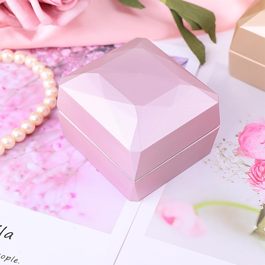 iSuperb Ring Box Proposal Engagement Square Ring Boxes with LED Light Case Jewelry Gift Box for Proposal Wedding Anniversary (Pink) image 4