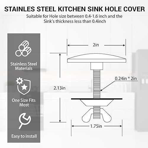 Vista 23 de LEIFIDE 2 piezas de 2 pulgadas para fregadero de cocina de 2 pulgadas, cubierta de orificio de grifo de acero inoxidable para fregadero de cocina