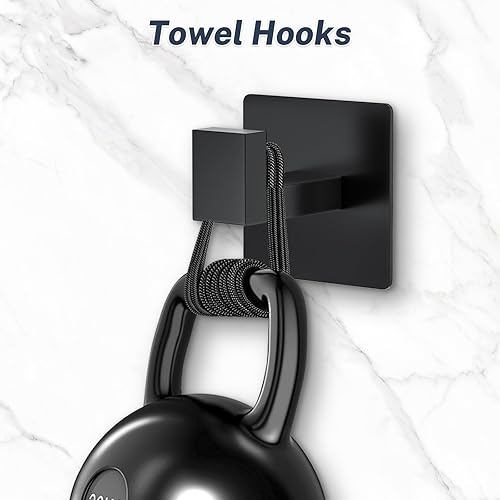 Miniatura 4 de Paquete de 4 ganchos adhesivos negros mate para baño y cocina, ganchos resistentes de acero inoxidable para toallasbatas, sin daños, montaje sin