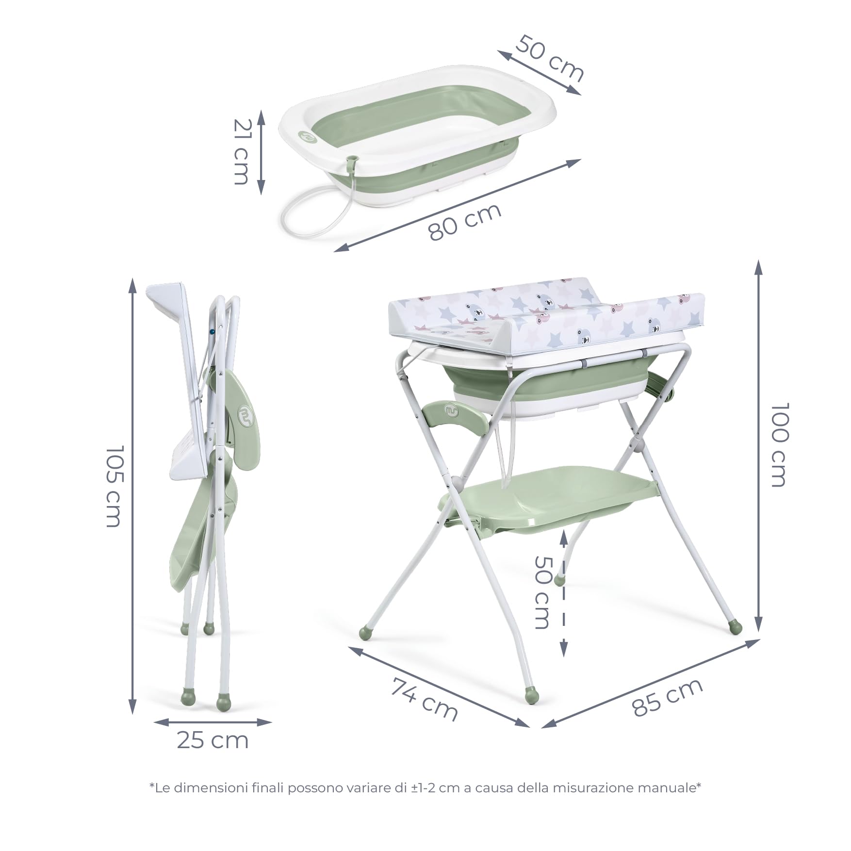 Ms BabyWorld ZOE Vasca da bagno con gambe, fasciatoio, cuscino riduttore e cestino portaoggetti, comodo, facile da riporre, con tappo e gambe antiscivolo, vasca da bagno pieghevole e portatile (Verde)