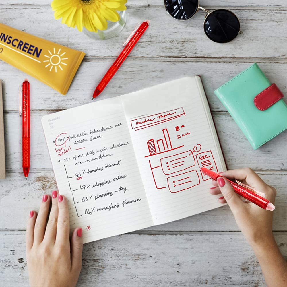 Lineon Lot de 15 stylos à encre gel rétractables rouges effaçables à pointe fine pour faire disparaître les erreurs, encre rouge pour planification d'écriture, planificateur et mots croisés