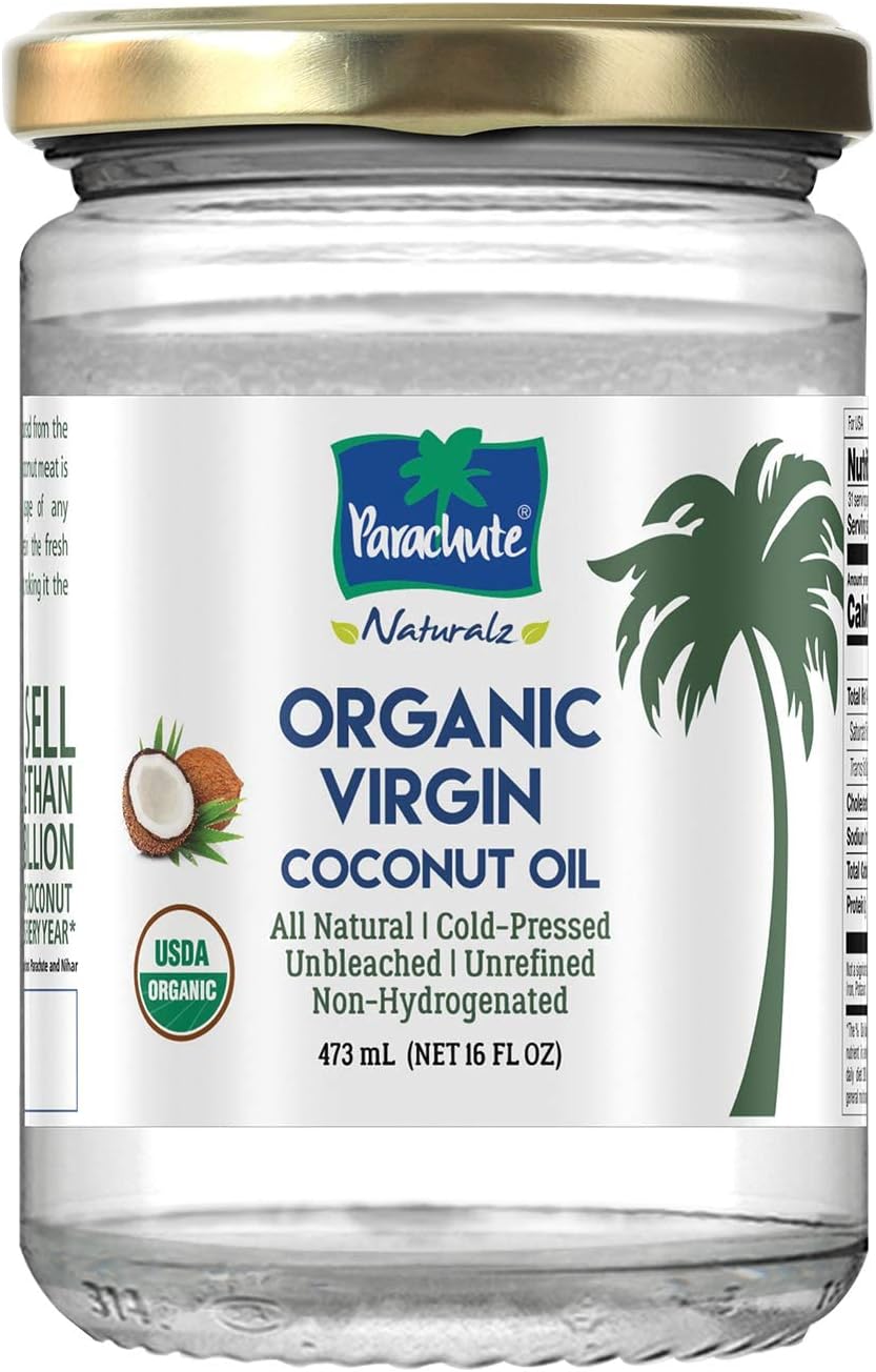 Parachute Naturalz Organic Virgin Coconut Oil | For Cooking, Hair, Body & Oil Pulling | Cold Pressed | Unbleached | Unrefined | Non-Hydrogenated | MCT Oil | USDA Certified |16 Fl.Oz | Glass Jar