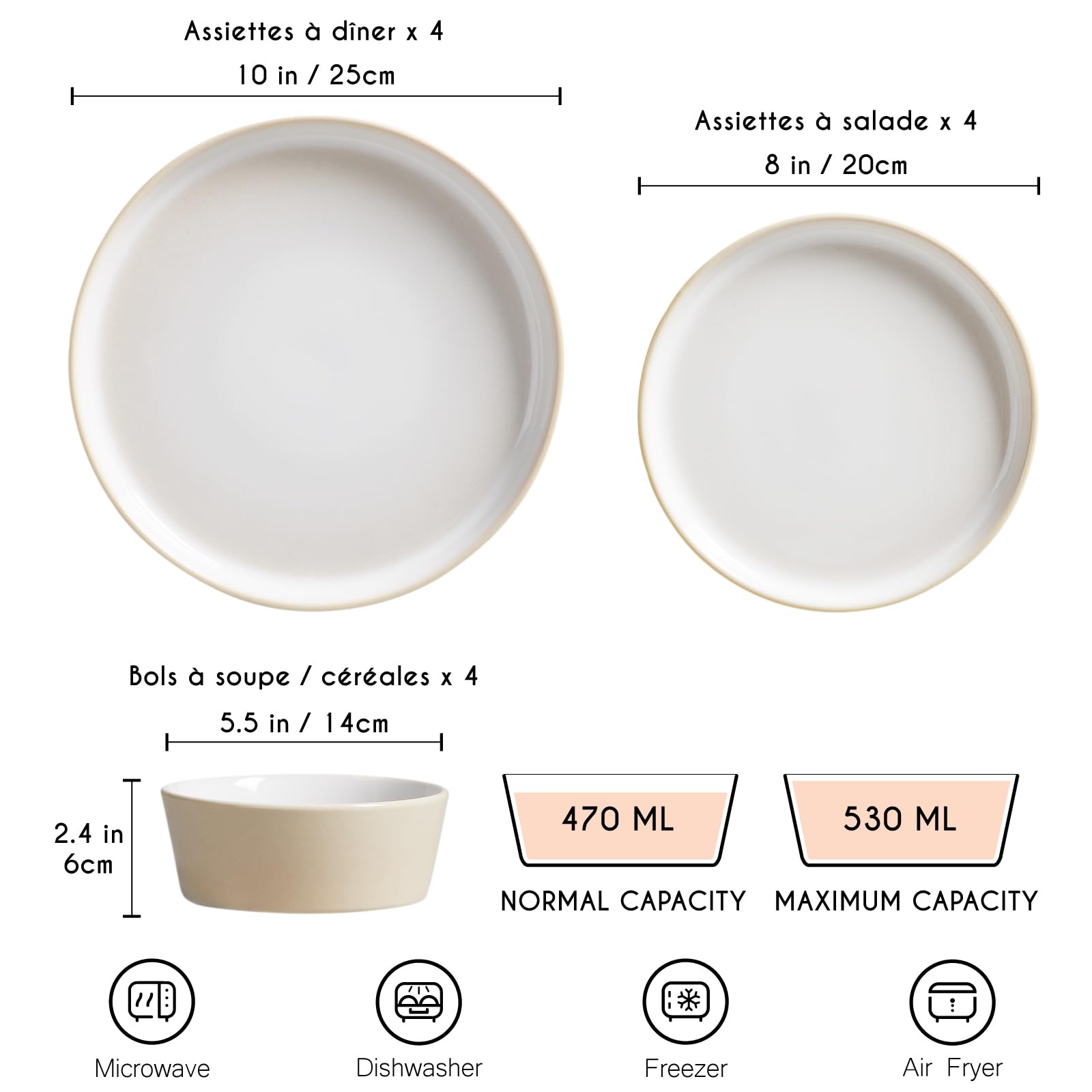 Service de Vaisselle 12 Pièces pour 4 Personnes | Ensemble Moderne en Porcelaine avec 4 Assiettes Plates, 4 Assiettes à Dessert et 4 Bols à Céréales | Design Rustique Style Ferme, Beige Clair