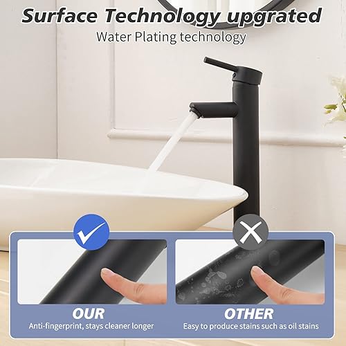 Miniatura 7 de Grifo de baño de recipiente negro mate, grifo de lavabo de baño, moderno cuerpo alto de un solo mango, grifos de baño de un agujero, boquilla