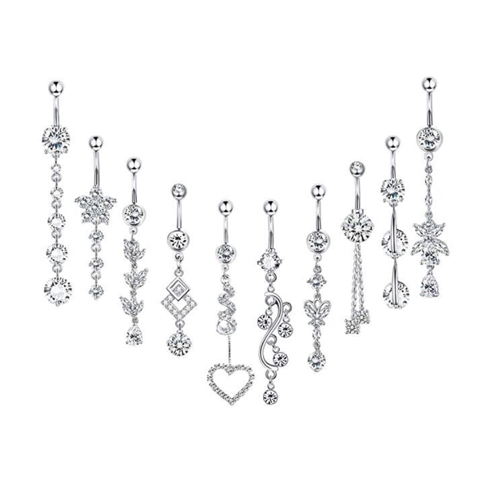 Bauchnabelpiercings Set 14 Gauge 10 Stück, Bauchnabelpiercing Ring Chirurgenstahl Damen Langer Anhänger mit Zirkonia