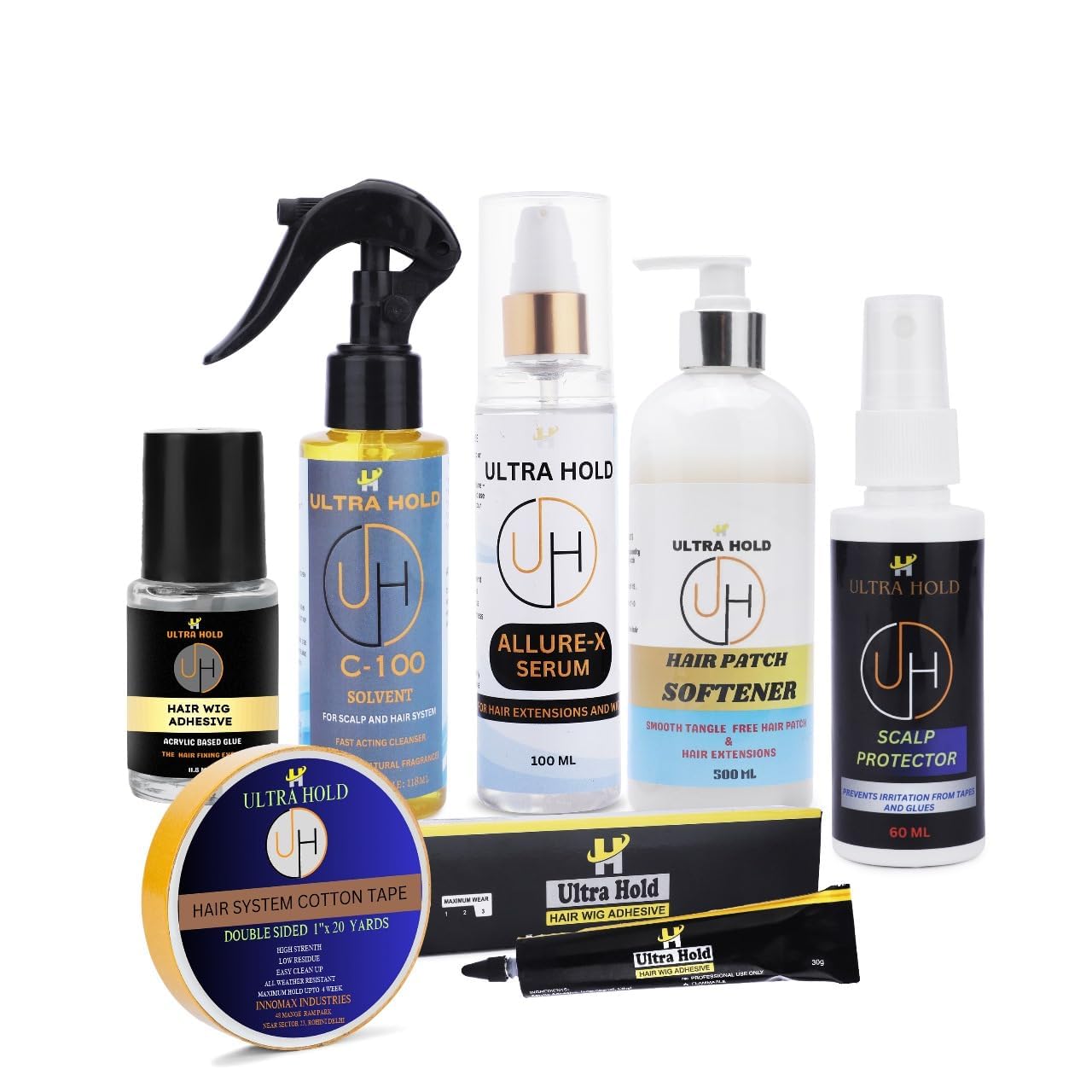 Ultra Hold Hair Extension and Wig Accessories Kit- C-100 Solvent,Allure - X Hair Patch Serum, Adhesive Glue(11.8ml), Hair Patch Softener, Scalp Protector(60ml) & 1x20' Yards Cotton Tape-image-8