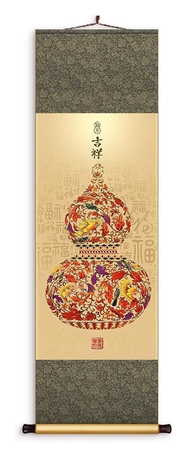 Obraz przedstawiający pomyślny zwój z dyni, tradycyjny klasyczny wystrój z jedwabiu, ręcznie robiony chiński Feng Shui, gotowy na prezent(Retro,50L x 158W cm)