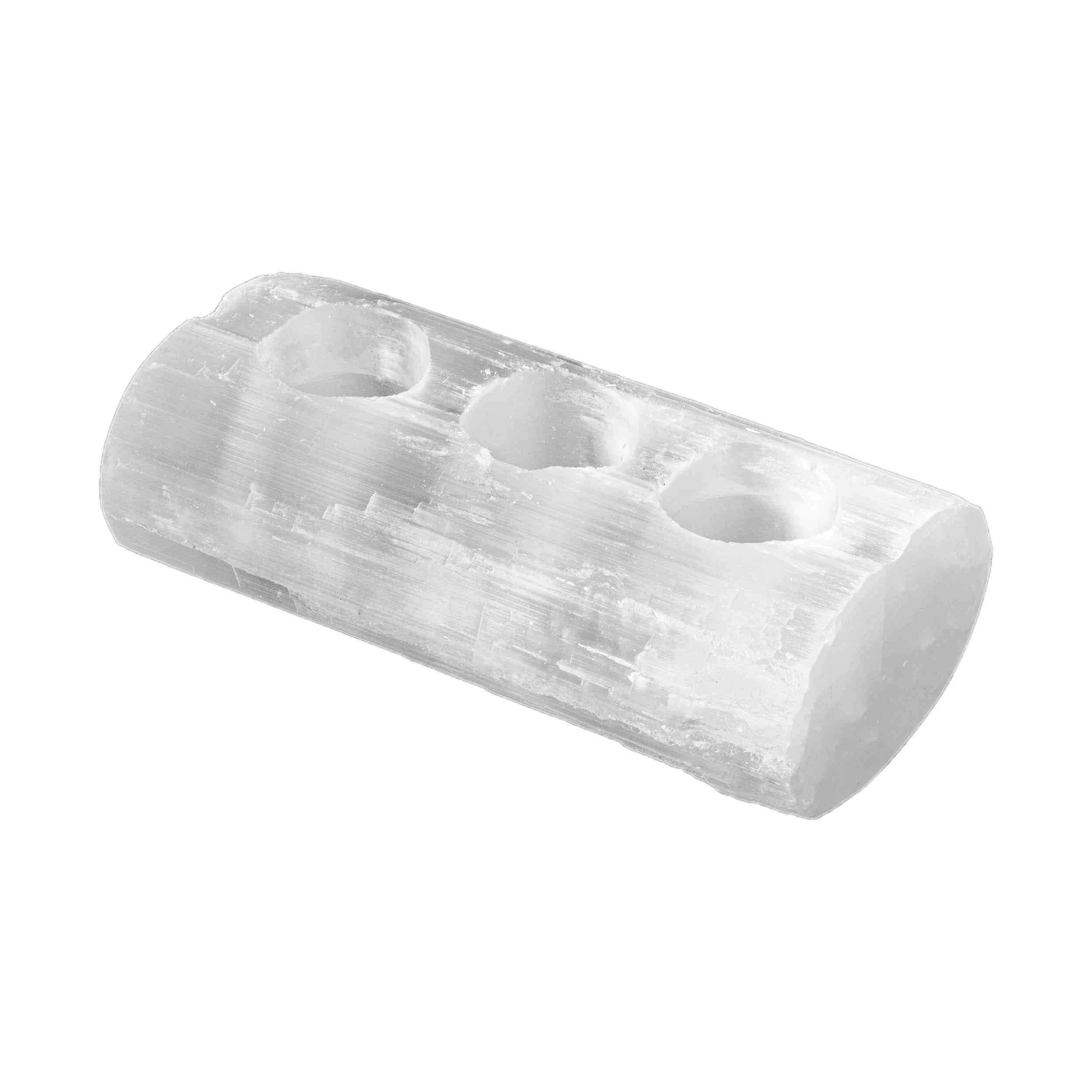 NKlaus Selenit Log Tea Light Holder 18 x 9 x 6 cm - Handmade Selenite Tea Light Holder with Three Compartments, Ideal for Atmospheric Lighting and Energy Work, Perfect Spiritual Decoration 16331