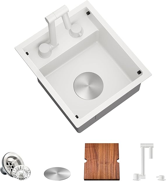 TORVA White Undermount Work Station Sink for Bar, RV Kitchen with Built