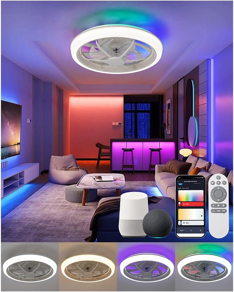 Kwinmyso 18.9" Modern Smart Ceiling Fan with Light and Remote Control,Flush Mount Low Profile Dimmable Ceiling Fan,Stepless Dimming Light and 6 Speeds Fan for Bedroom Works with Alexa Google-825 White