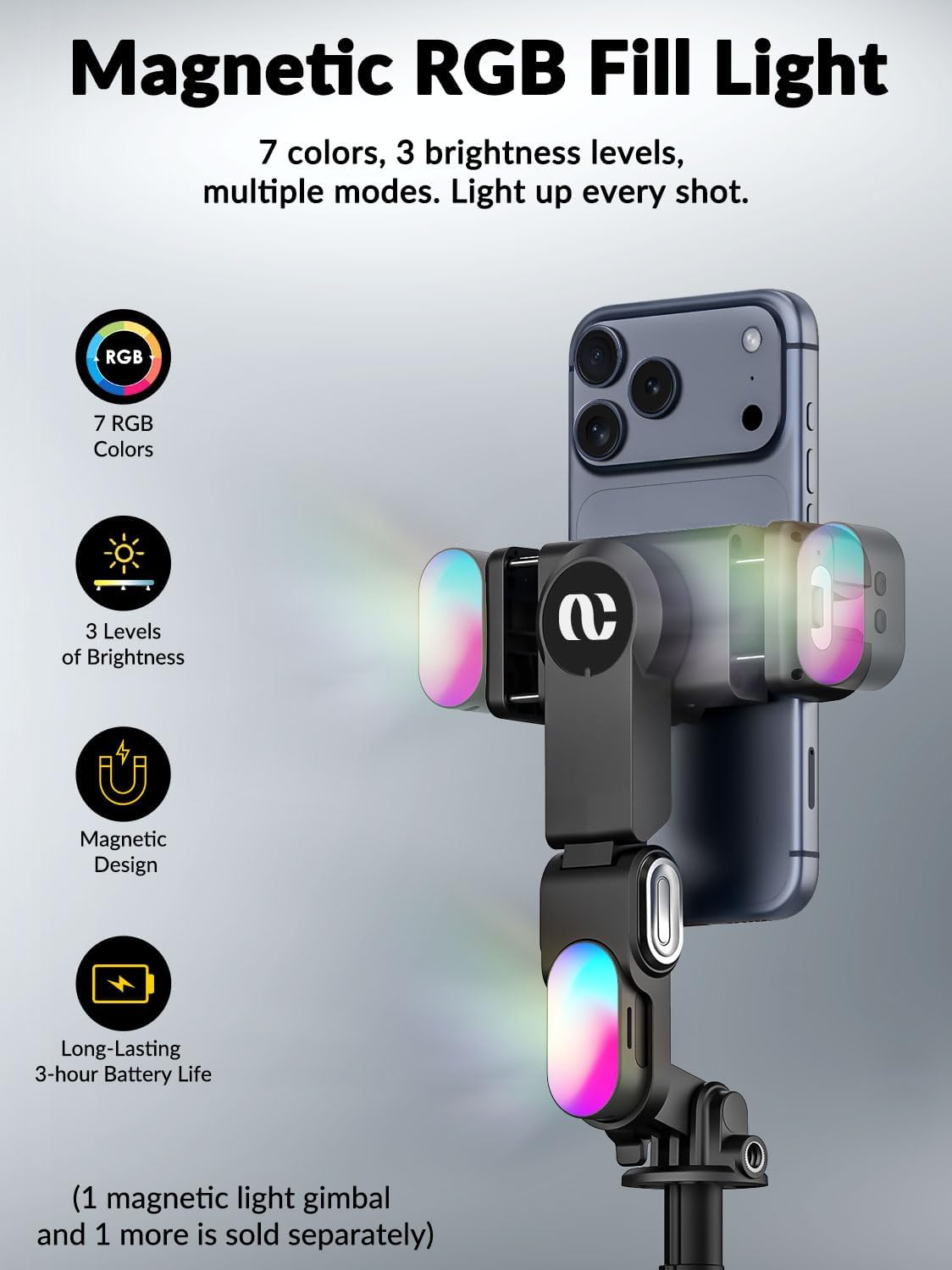 AOCHUAN 70.9” Auto-Open 4-in-1 Smartphone Gimbal Stabilizer for iPhone w/Magnetic Remote,AI Face Tracking Phone Stabilizer(No App Needed), 360°Rotating Gimbal w/RGB Light &Built-in Tripod, M3Pro Black