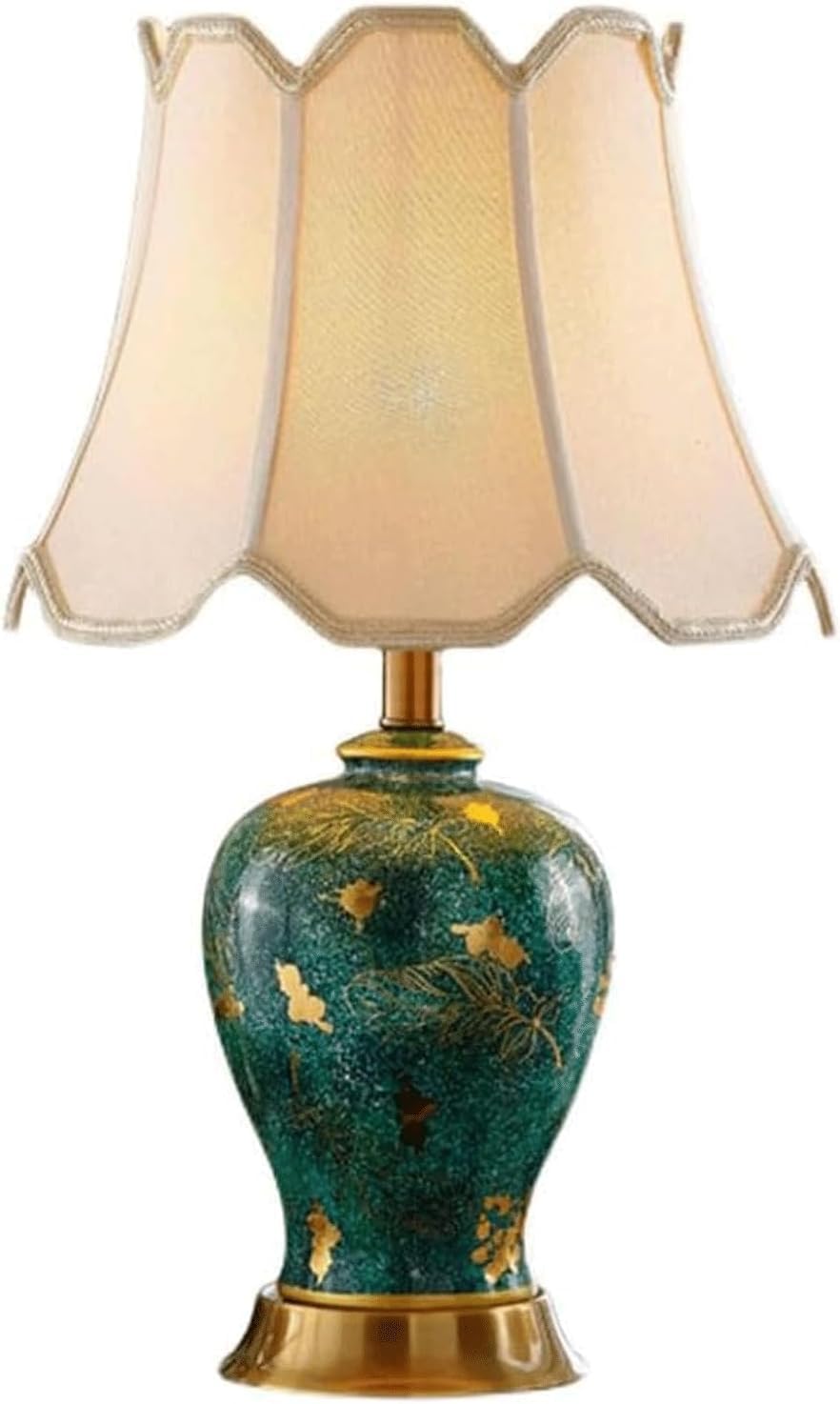 Chinoiserie Green Ceramic Table Lamp Decoration Vintage Asian Hand-Painted Feather Bedside Nightstand Lamp with Fabric Shade Ginger Jar Lamp for Living Room Bedroom Office Desk Farmhouse