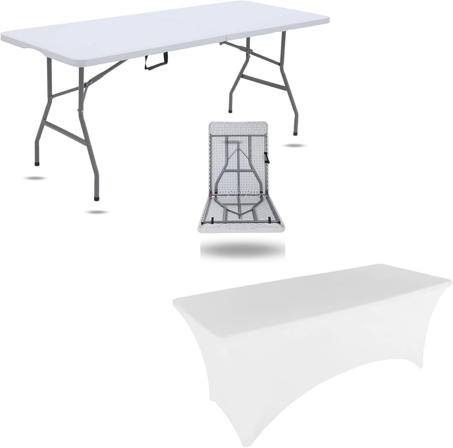 6 Foot White Plastic Folding Table with 6 Foot White Spandex Tablecloth Table | Rectangular Patio Table & Table Cover for Event, Wedding, Banquet & Parties