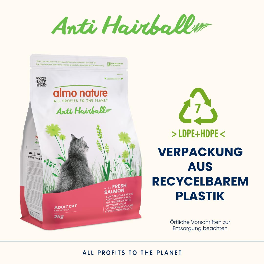 Almo Nature - Pełna, sucha karma dla dorosłych kotów przeciw kulkom sierści ze świeżym łososiem, 2 kg