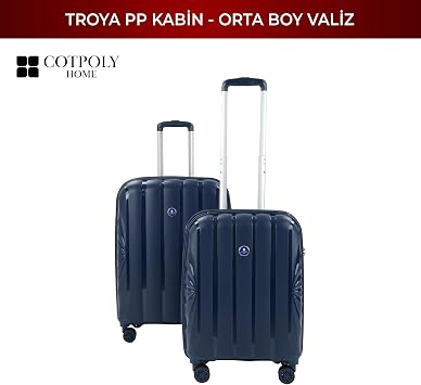 COTPOLY Troya 2'li Valiz Seti, Polipropilen Valiz, Troya Darbeye Dayanıklı Bavul (Lacivert Orta ve Kabin)