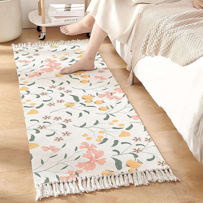 Hand Woven 100% Natural Cotton Export Quality Designer Rug,Carpet, Bed Side Runner for Bedroom,Living Room, Size-2x5 feet or 60 cms x 152 cms (Multi Flower)