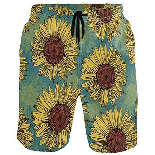 visesunny Men's Beach Short Swim Trunks Retro Sunflower Blue Pattern Sports Running Bathing Suits