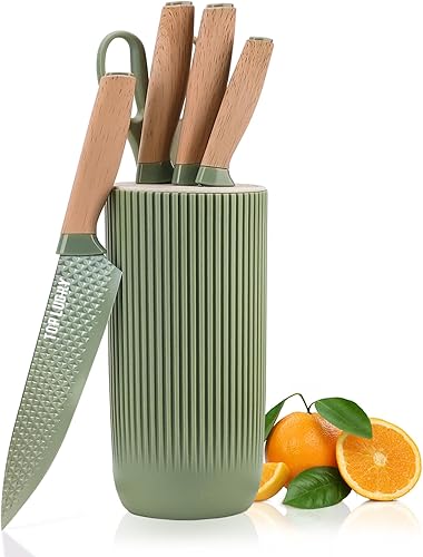Juego de cuchillos de cocina, 6 piezas, juego de cuchillos profesionales verdes con bloque de cuchillos universal, juego de cuchillos súper afilados