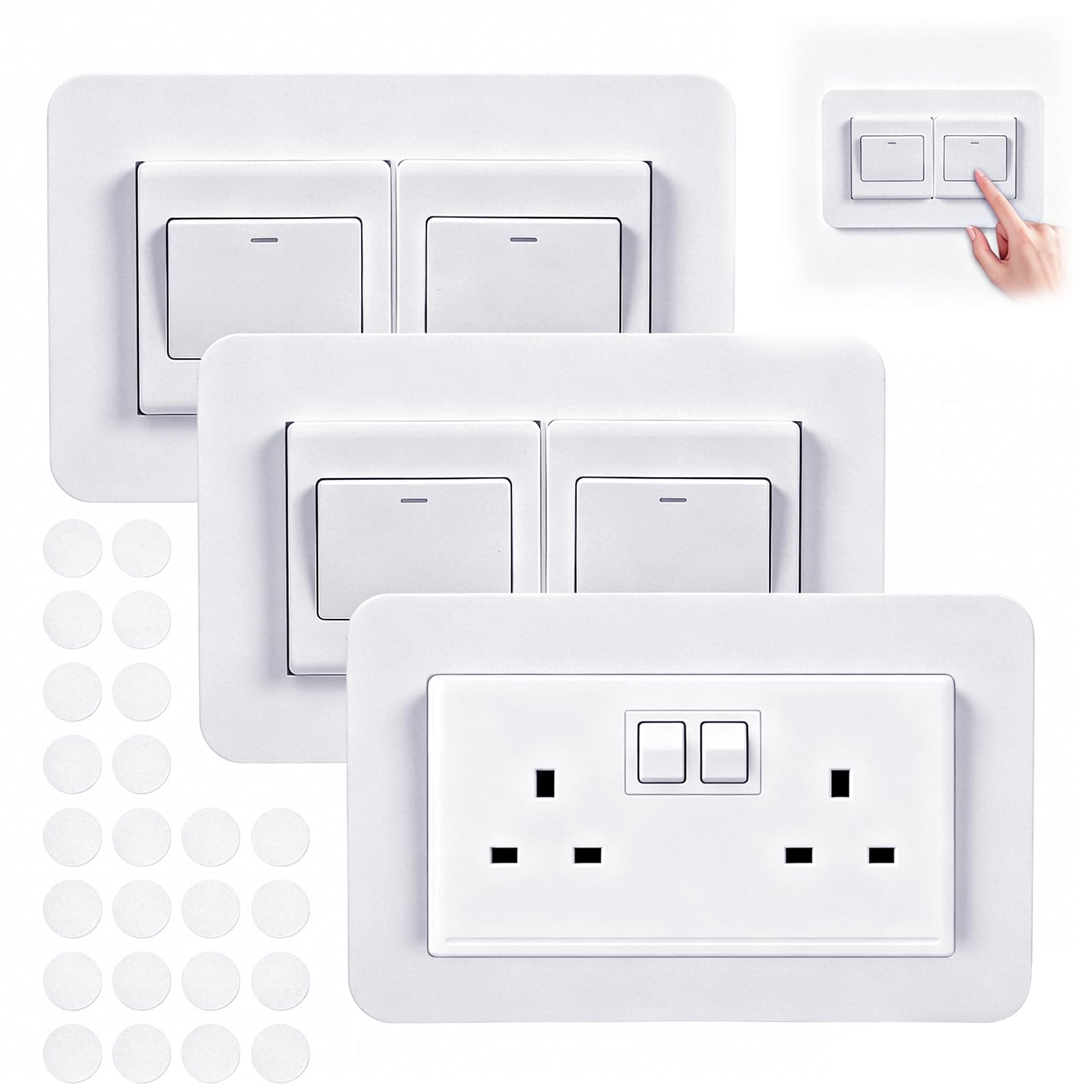 Thhiit 3Pcs Double Plug Socket Surround, White Light Switch Surrounds Cover Plates Frame for Wall Sockets and Switches