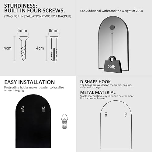 Miniatura 4 de HOWOFURN Espejo de pared arqueado de 20 x 30 pulgadas, decoración de pared, con espejo de marco de metal para baño, dormitorio, entrada, espejo de