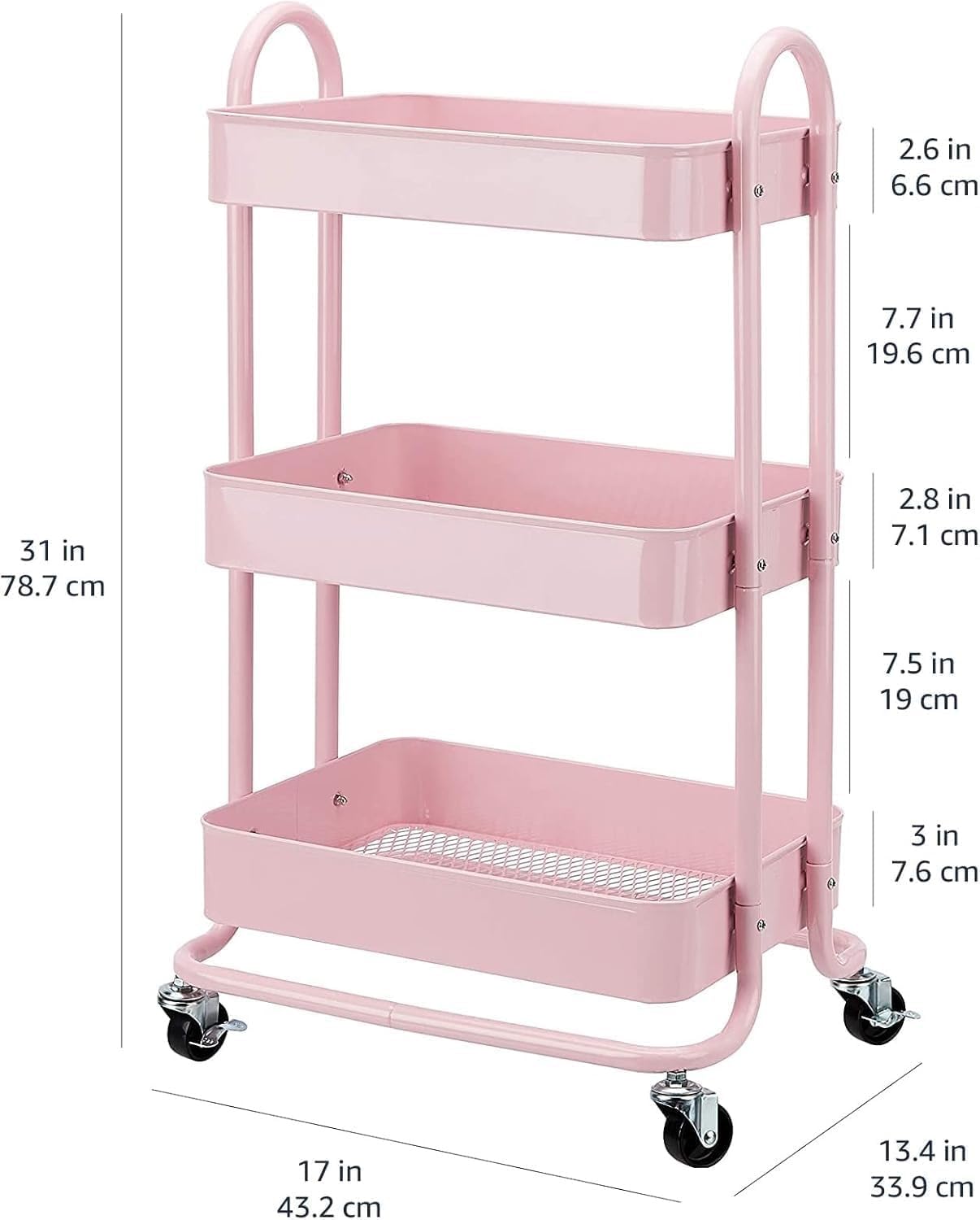 3-poziomowy metalowy wózek narzędziowy z zamykanymi kółkami, wszechstronny organizer do przechowywania do kuchni, łazienki, biura, pokoju w akademiku, idealny do środków czystości i kosmetyków (biały)