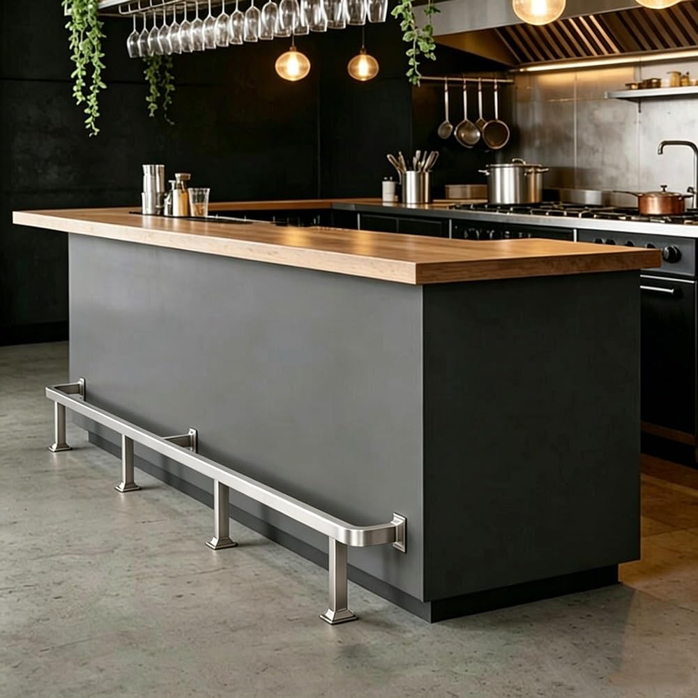 Bar Foot Rail Kit, 304 Stainless Steel Wall Mount Foot Rest, Square Satin Finish Under Counter Railing for Kitchen Island Home Bar(Silver,23ft/7.0m)