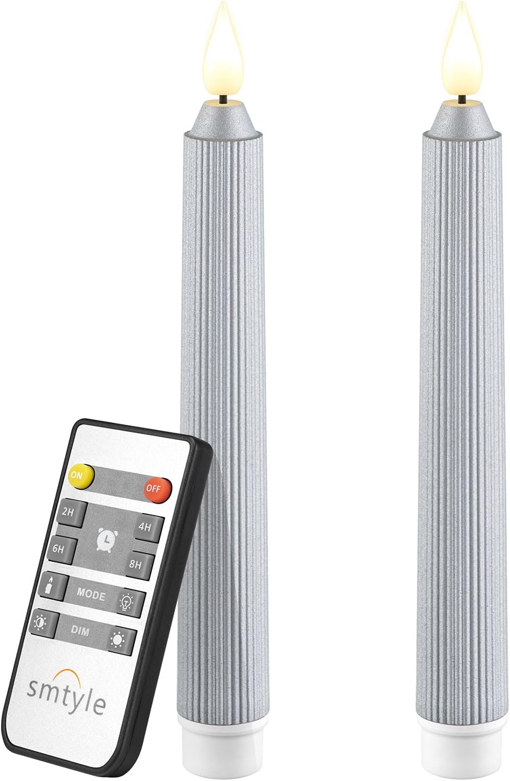 smtyle Silver Flameless Taper Candles Set of 2 Flickering LED Candlesticks Battery Operated with Timer Waterproof for Outdoor Christmas Decor (1x8inch)