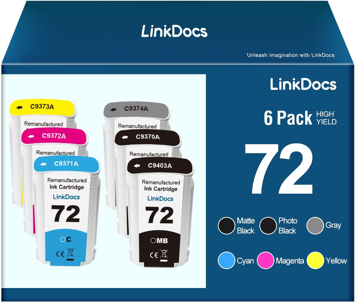 LinkDocs Remanufactured HP 72 Ink Cartridges 130-ml C9403A, C9370A, C9371A, C9372A, C9373A, C9374A Used with DesignJet T610 T620 T770 T790 T795 T1100 T1120 T1200 T1300 T2300 Printers (130-ml, 6-Pack)