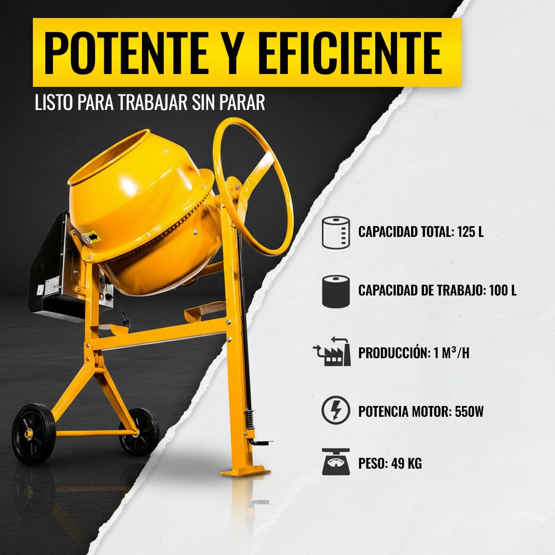 Kompak Hormigonera Eléctrica 125 Litros Profesional para Obras y Reformas - Hormigonera Compacta Fácil de Montar para Mezclar Cemento y Mortero - Mezcladora Robusta Alta Durabilidad