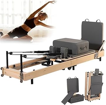 Foldable Pilates Reformer Machine, Wooden Pilates Reformer, Foldable Pilates Equipment, 7 Levels of Resistance Adjustment, Maple Wood for Body Stamina Stretching Balance Exercise Workout