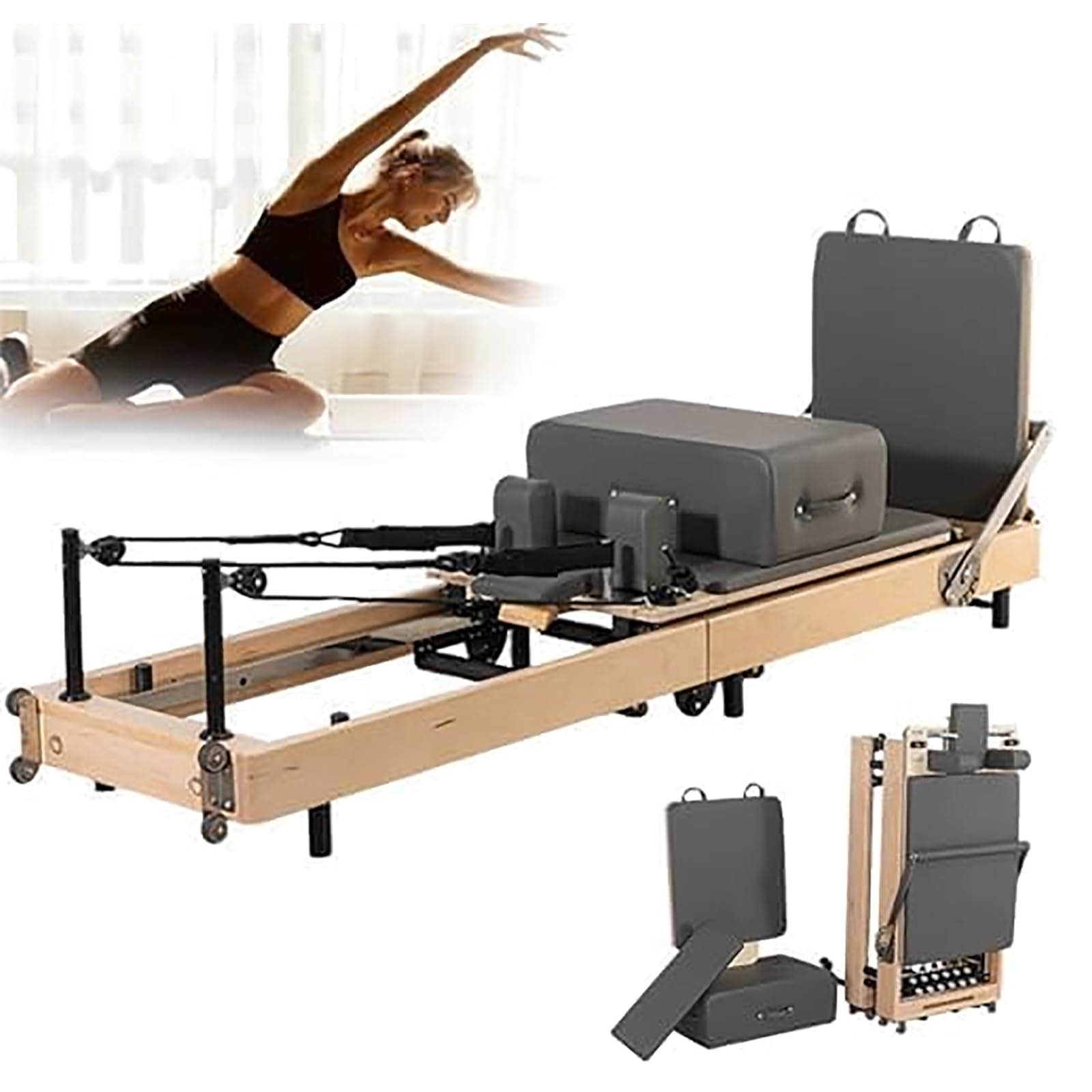 TsoLay Macchina Pilates Reformer Pieghevole, Pilates Reformer in Legno, Attrezzatura Pilates Pieghevole, 7 Livelli di Regolazione della Resistenza, Legno d'Acero per L'allenamento del Corpo Stamina