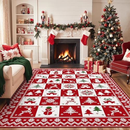 BEIMO Christmas Area Rug 5x7 for Living Room, Washable Rug for Bedroom, Christmas Home Decor, Holiday Print Carpet, Low Pile Non Slip Mat with Rubber Backing, Red White Checkerboard