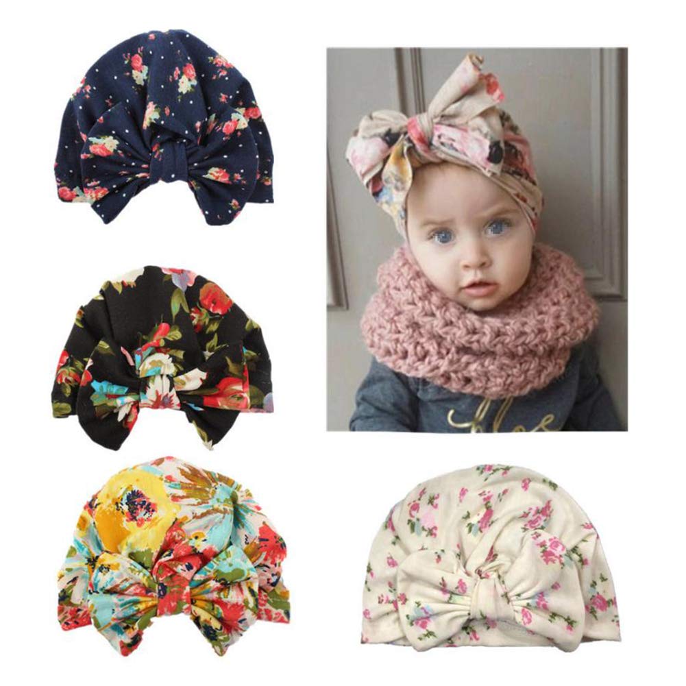 Upstore 4 gorros de turbante anudados para bebés y niñas, con estampado floral, para recién nacidos, para hospital, gorro con lazo grande, accesorios para el pelo para bebé (colores mixtos)