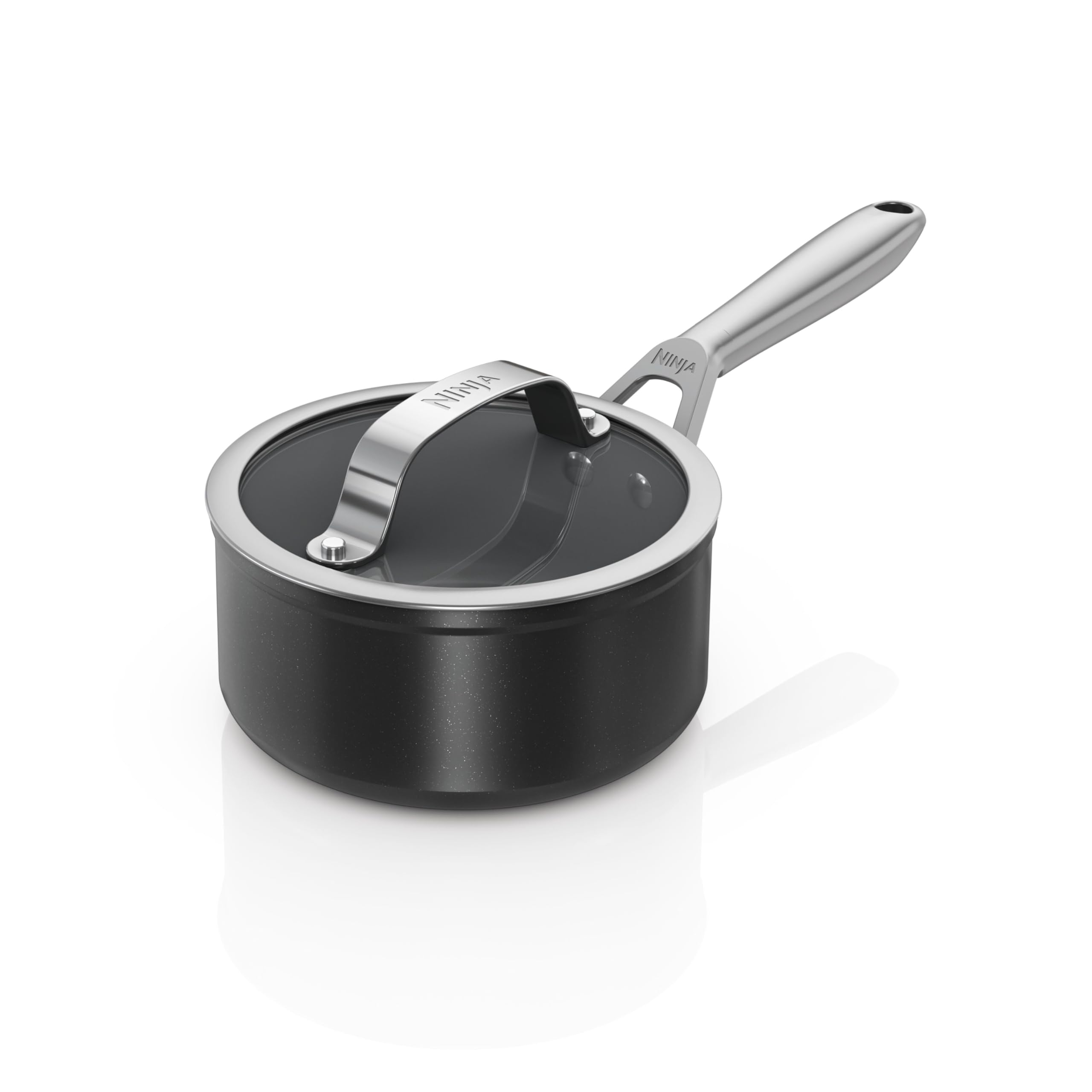 Ninja ZEROSTICK Ceramic Pro 16 cm Saucepan with Glass Lid, Scratch Resistant, Made PTFE-Free, All Hob Compatible, Black, CW30216UK