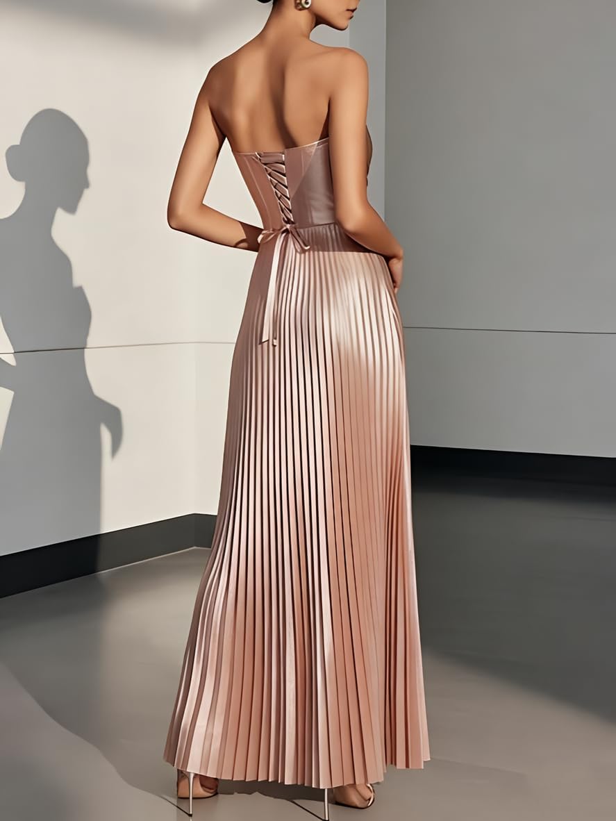 Cudiew Metallic Satin Sparkly Prom Dress Strapless Pleated A Line Maxi Formal Evening Party Dress for Women