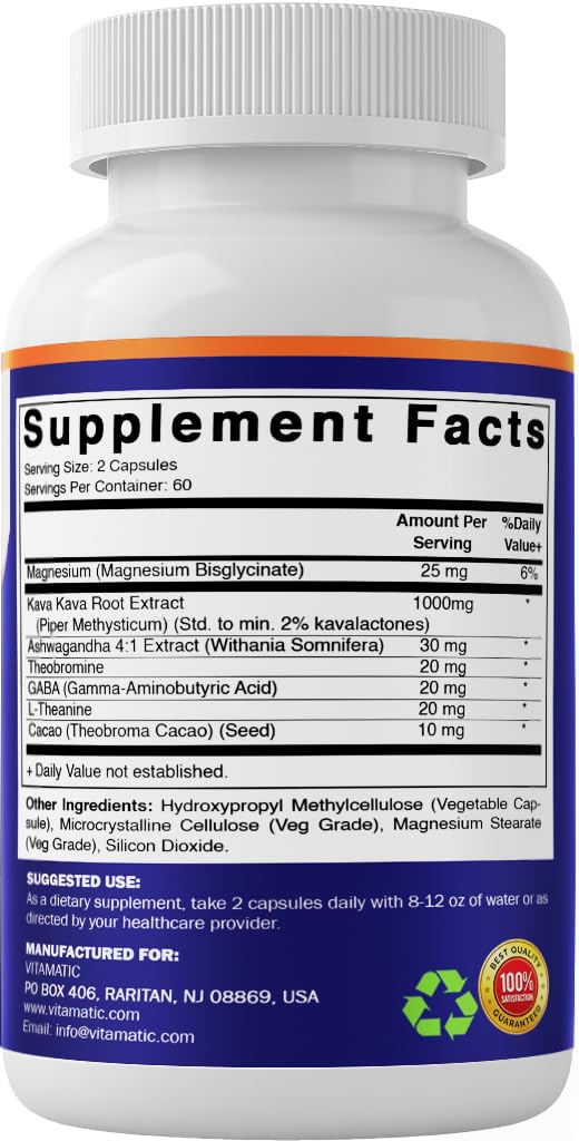 Vitamatic Kava Kava 1000mg with Magnesium, Ashwagandha, GABA, Theobromine, L-Theanine & Cacao – 120 Veg Caps – Kavalactones for Mood, Stress & Sleep Support. — Amazon image 8