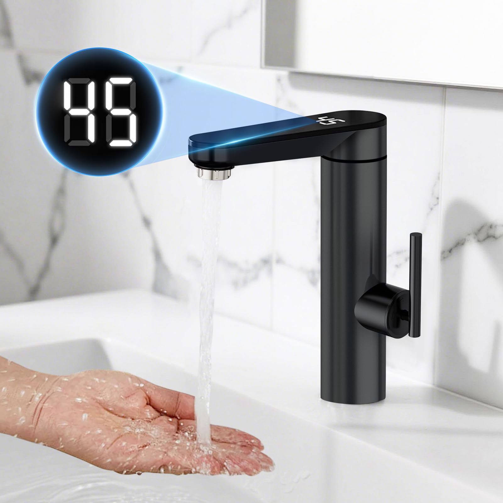 Wasserhahn mit Durchlauferhitzer, Warmwasserhahn Dlektrisch, Elektrischer Heiß- und Kaltmischer Wasserheizhahn mit digitaler Anzeige, 220 V 3000W Edelstahl Wasserhahn mit 120° drehbarem (Black)