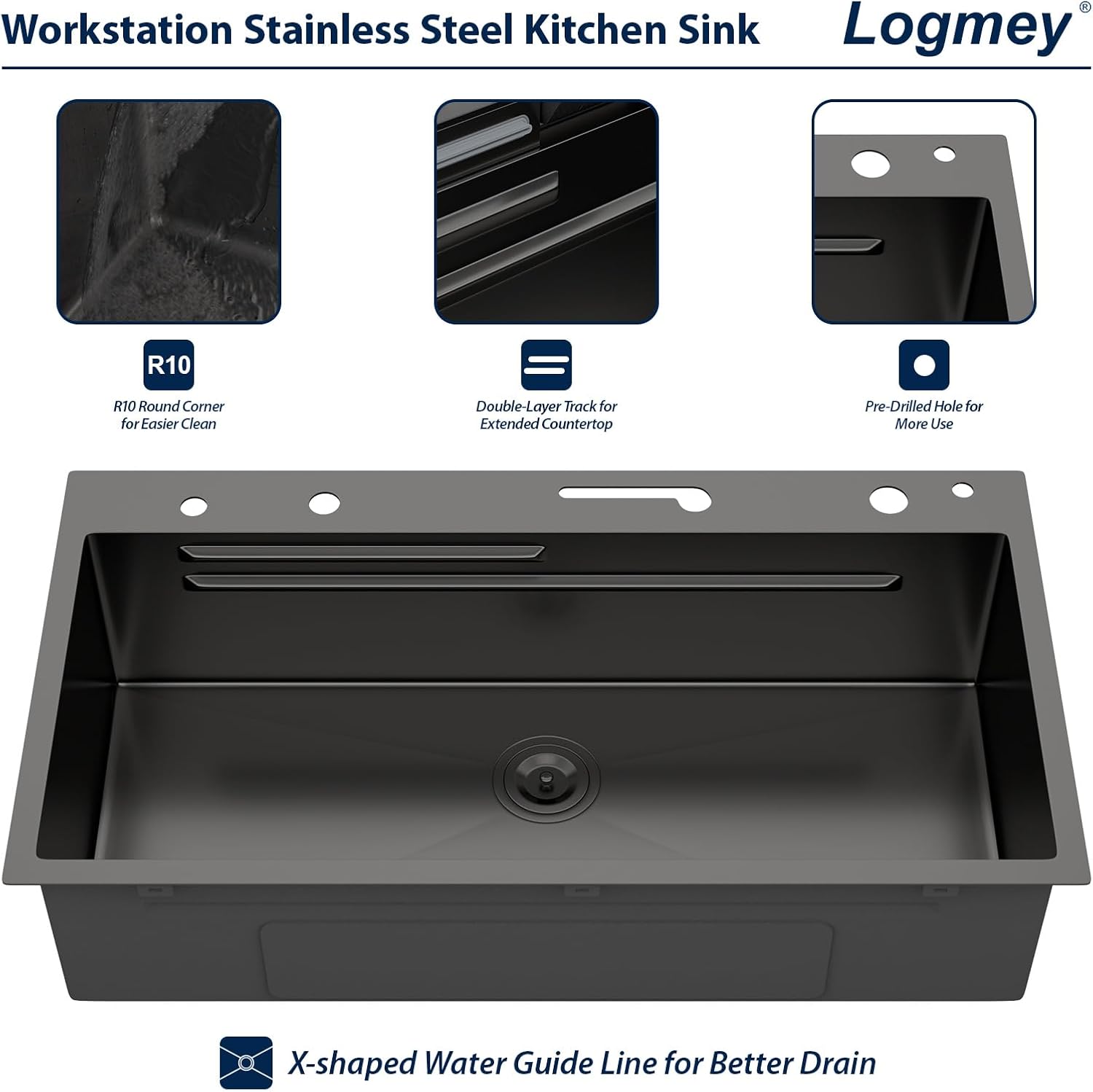 Logmey 33" Smart Dual Waterfall Sink with Digital Display,Water Purifier,Nano PVD Black Drop in Kitchen Sink with Faucet,16 Gauge Stainless Steel Sinks with Temperature Control Knob,5 Buttons,33x19x9
