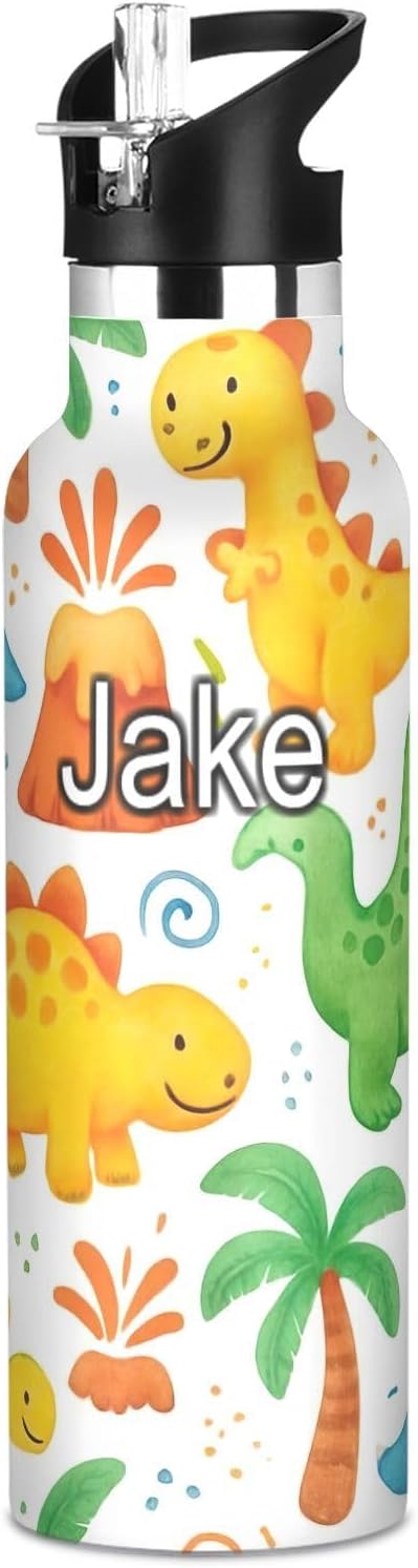 Personalized Custom Name Water Bottle for Kids with Straw Leakproof Insulated Water Bottle 20oz, BPA-Free, Cute Cartoon Dinosaurs White