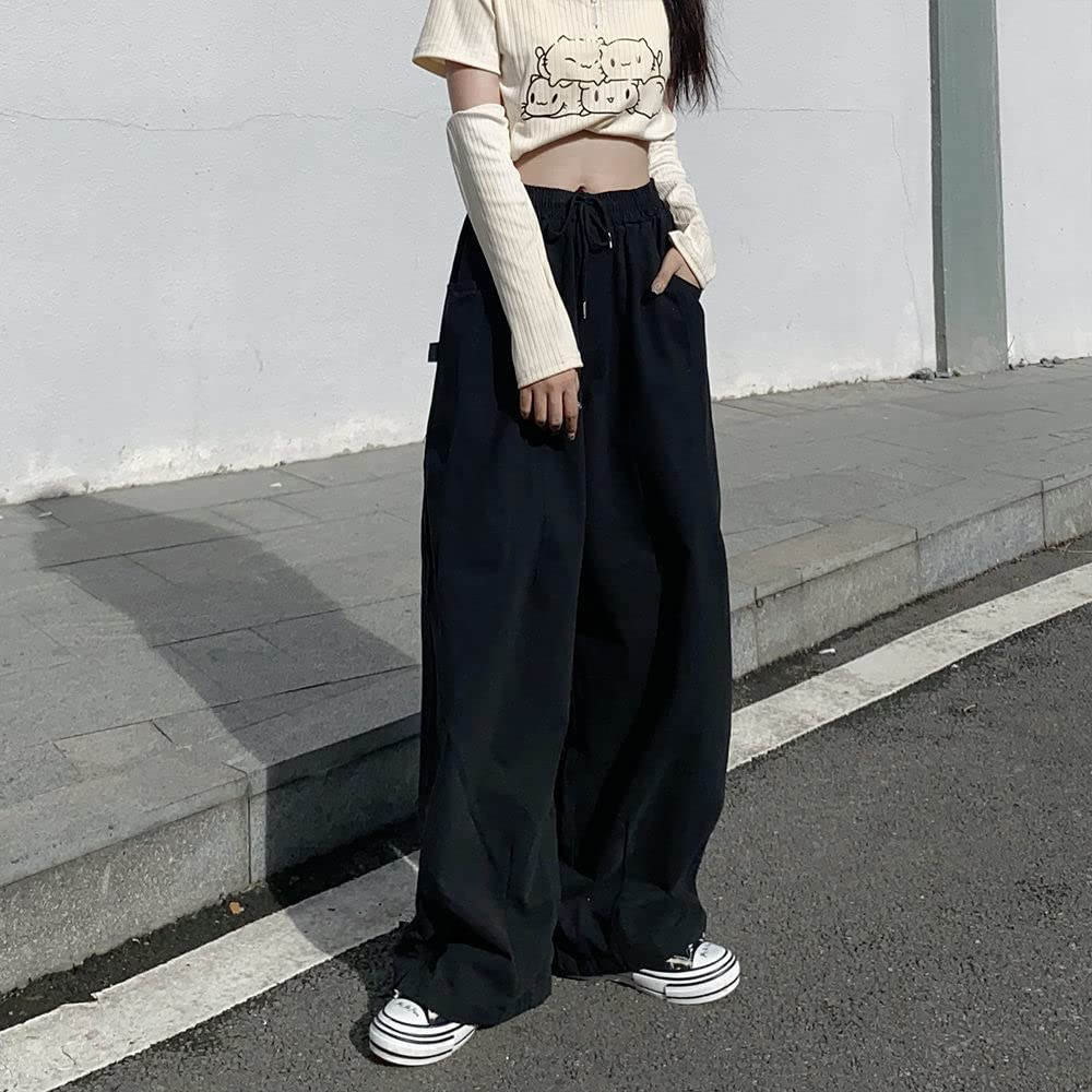 Pantalones de paracaídas para mujer, pantalones tipo cargo, holgados, Harajuku Y2K, cintura baja, pierna ancha, holgados, góticos, de hadas, Negro -, X-Large