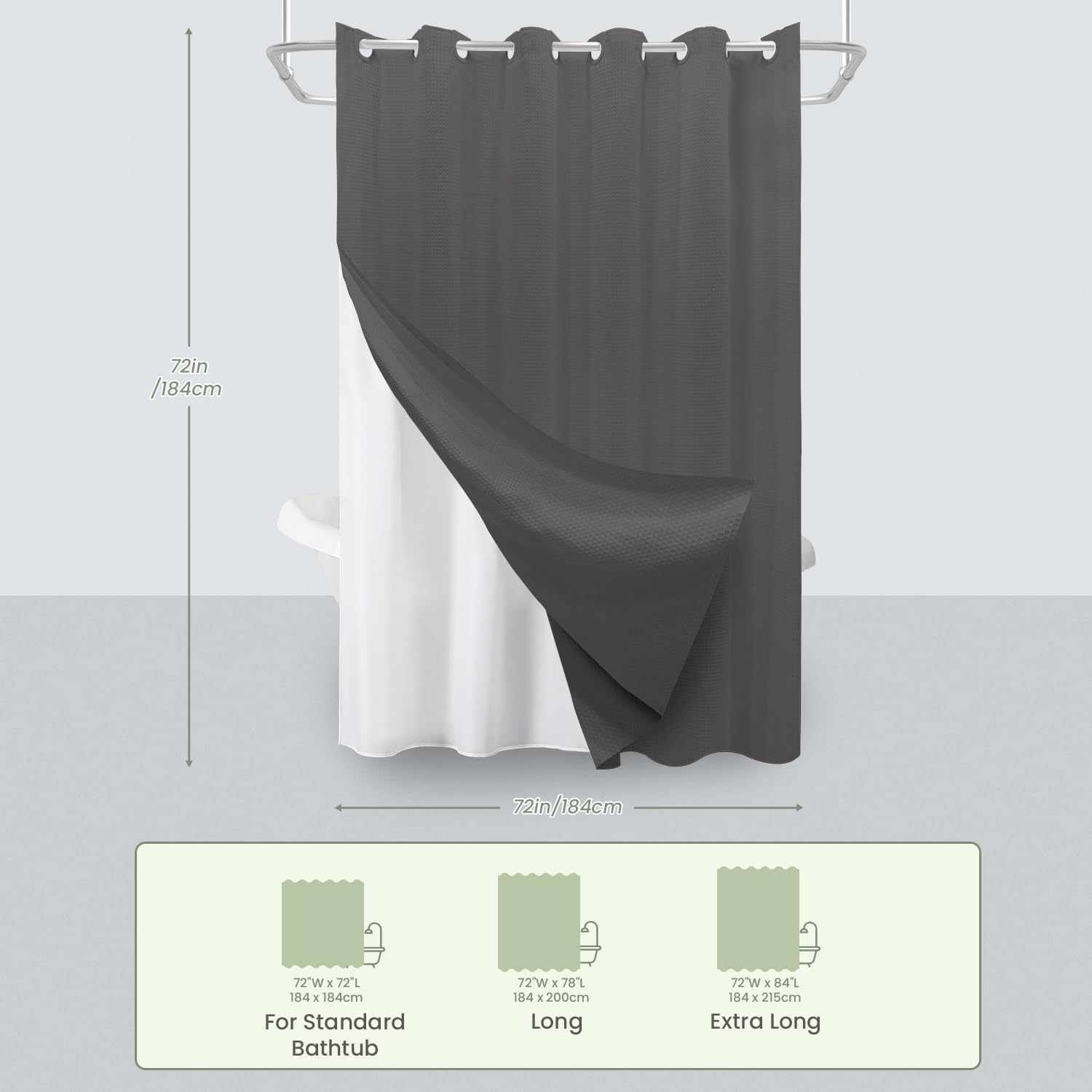 Inhousolu No Hook Waffle Weave Shower Curtain with Removable Snap in Fabric Liner Set for Bathroom, 230 GSM Heavy Duty Weighted Hem, Water Repellent Washable Bath Curtains, 72 x 72 Inch, Graphite Grey