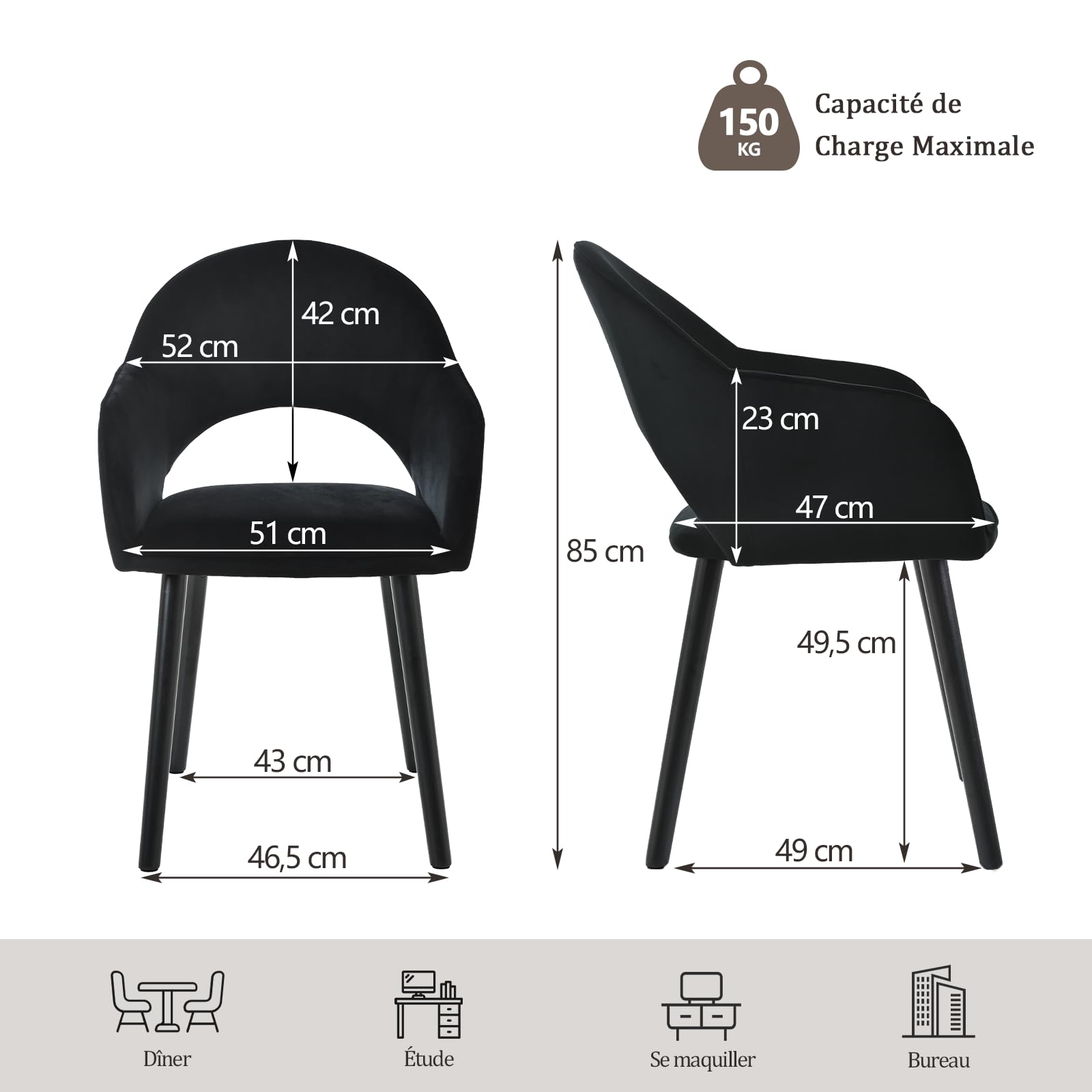 Juego de 4 Sillas de Comedor con Reposabrazos, Sillas Tapizadas para Salón y Cocina, Sillones Modernos con Patas de Madera - Negro