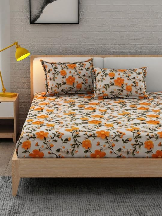 Image of 350 TC Premium Heavy Cotton Feel Elastic Fitted Bedsheet King Size with 2 Pillow Covers || Double Bed with All Around Elastic (Orange7D, Fitted - 72 inchx78 inch King)