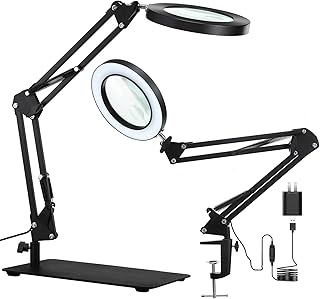 5X & 10X Magnifying Glass with Light and Stand, KIRKAS 2-in-1 Stepless Dimmable and 3 Color Modes LED Magnifying Desk Lamp, 10X Ultra-high Magnification Glass Lens for Precision Machinery Repair-Black