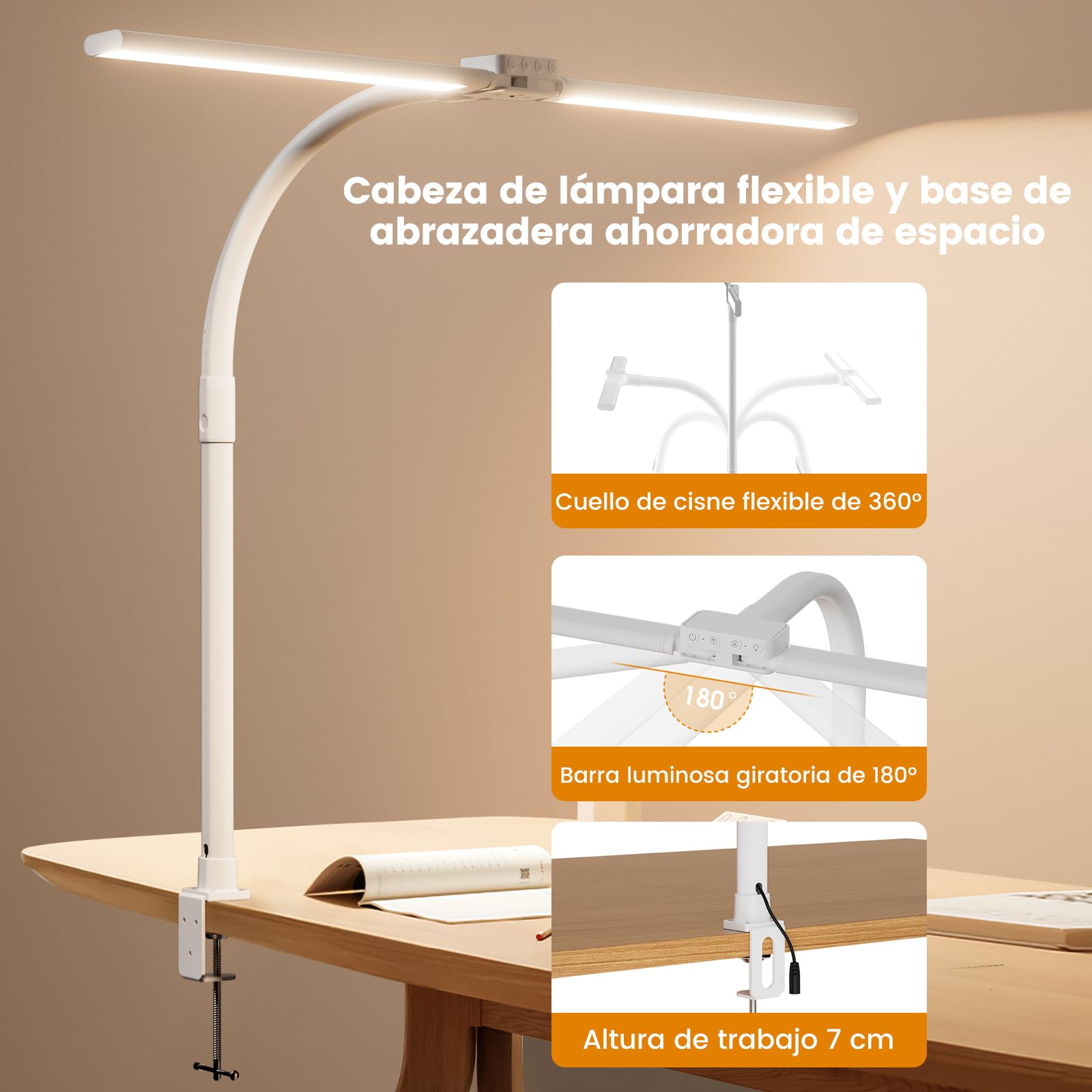 SIBRILLE Lampara Led Escritorio con Pinza, Lámpara De Escritorio Giratoria Para Ordenador Y Oficina En Casa, Lámpara De Escritorio Regulable Ajustable Con Cuello De Cisne, Doble Cabezal, Blanco