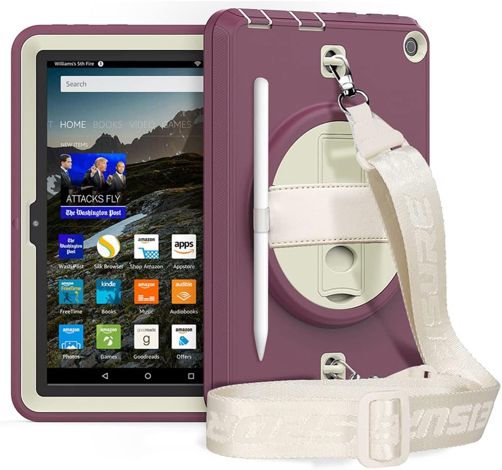 Tablet Case for New Kindle Fire HD 8/8 Plus Children's Ebook Cover with Carrying Strap 360° Swivel Stand