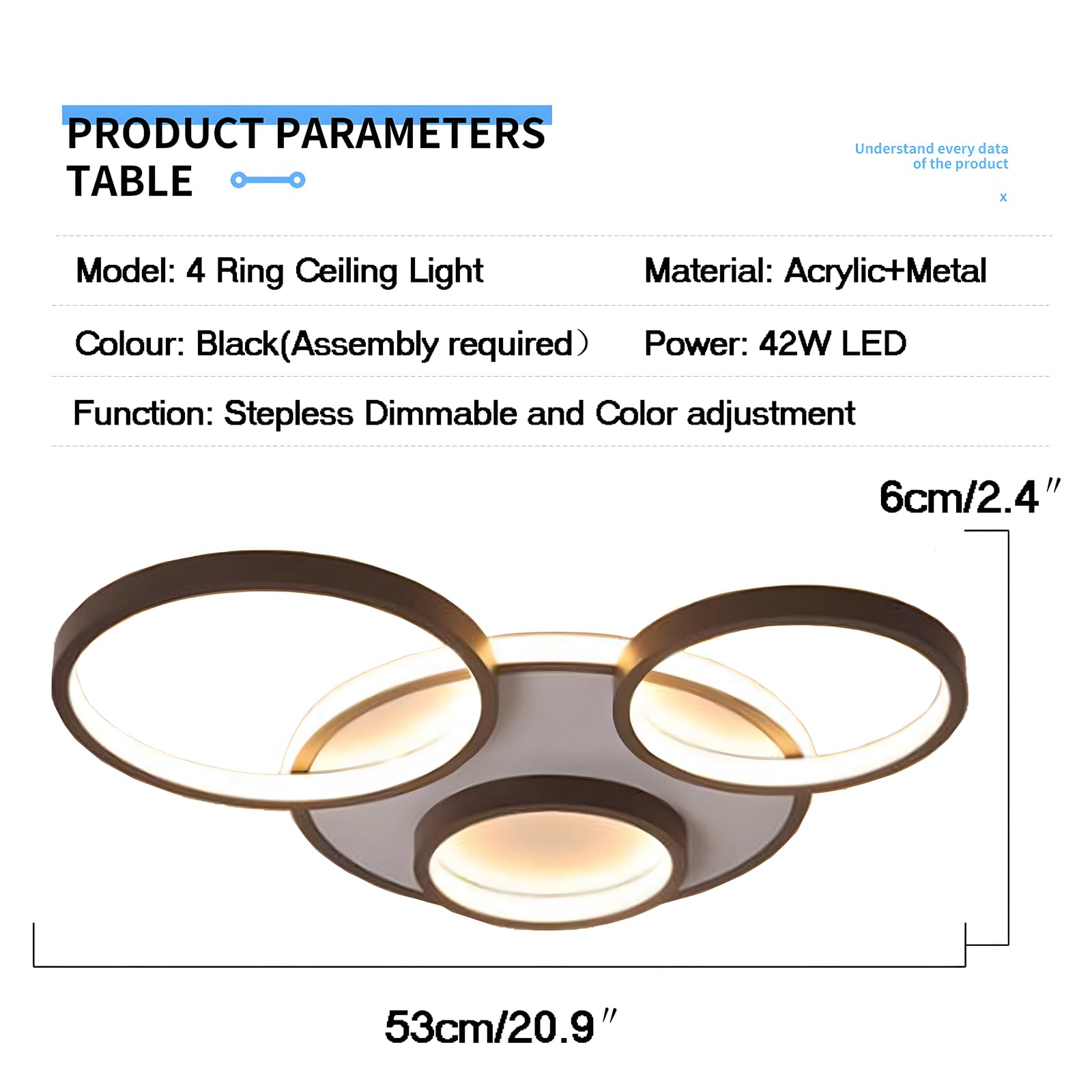 Nowoczesna LED Lampa Sufitowa, Ø53cm Czarna Lampa Multi Circle, 42W Płynną Regulacją Ściemniania 3000-6000K, Okrągły Metalowy Żyrandol + Akrylowy Żyrandol, Sypialnia Salon (4 Pierścienie)