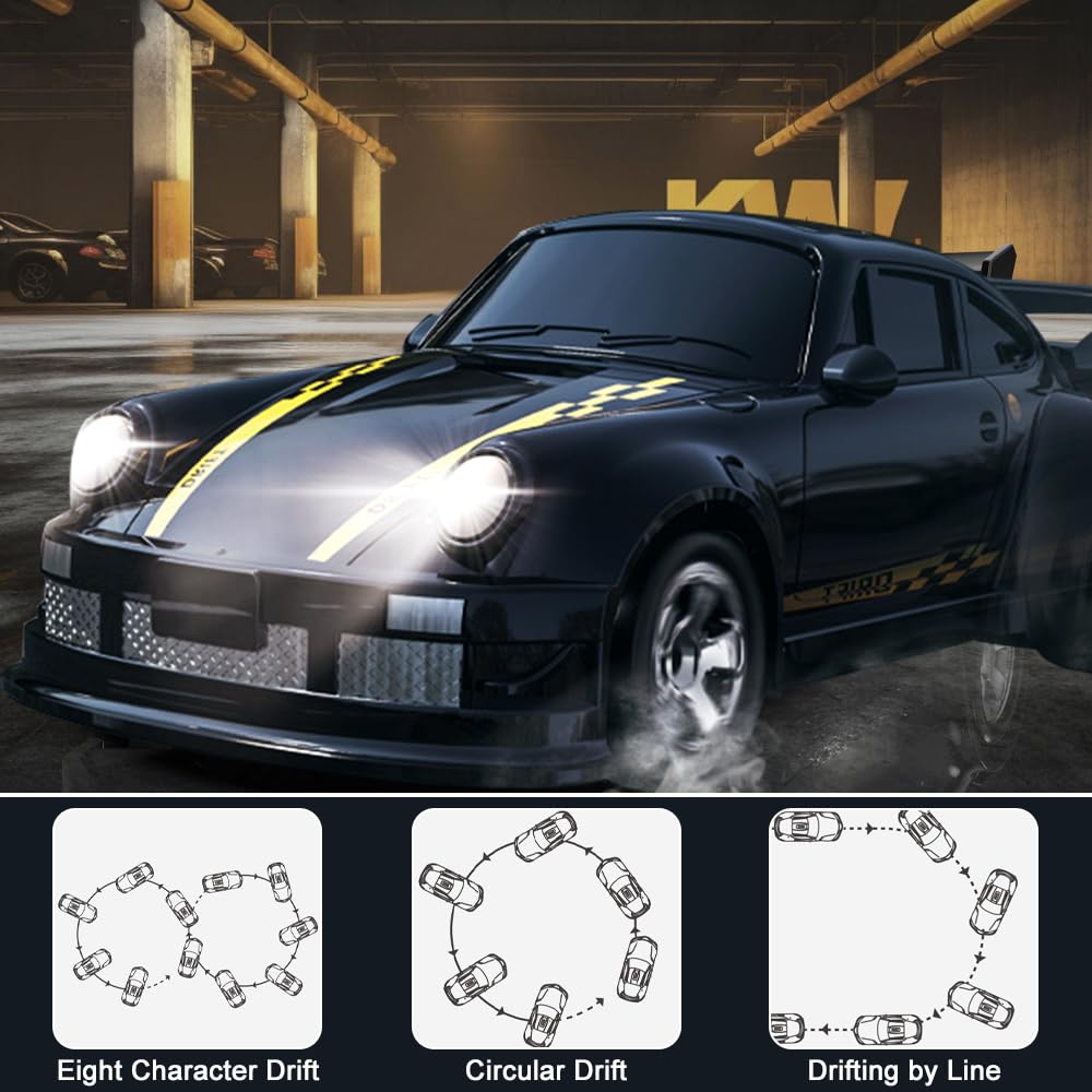 RC Drift Car, 1:64 Mini Macchina Telecomandata Drift con Faro LED, 4WD Drift Car con Sterzo Proporzionale, Macchinina Telecomandata Drift, Macchina da Drift per Adulti, Nero
